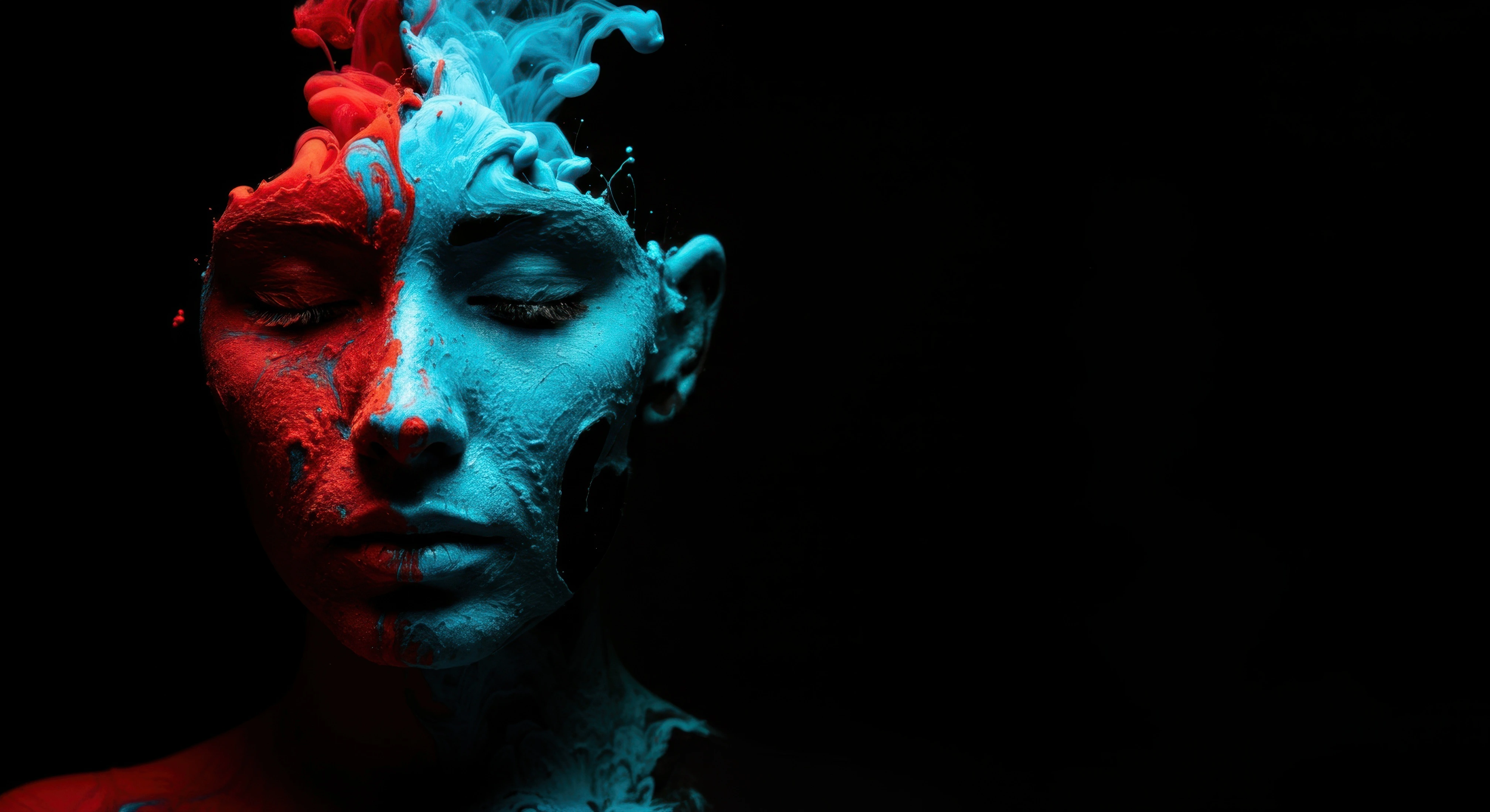 Powerful woman with bold blue and red paint representing fearless creative energy