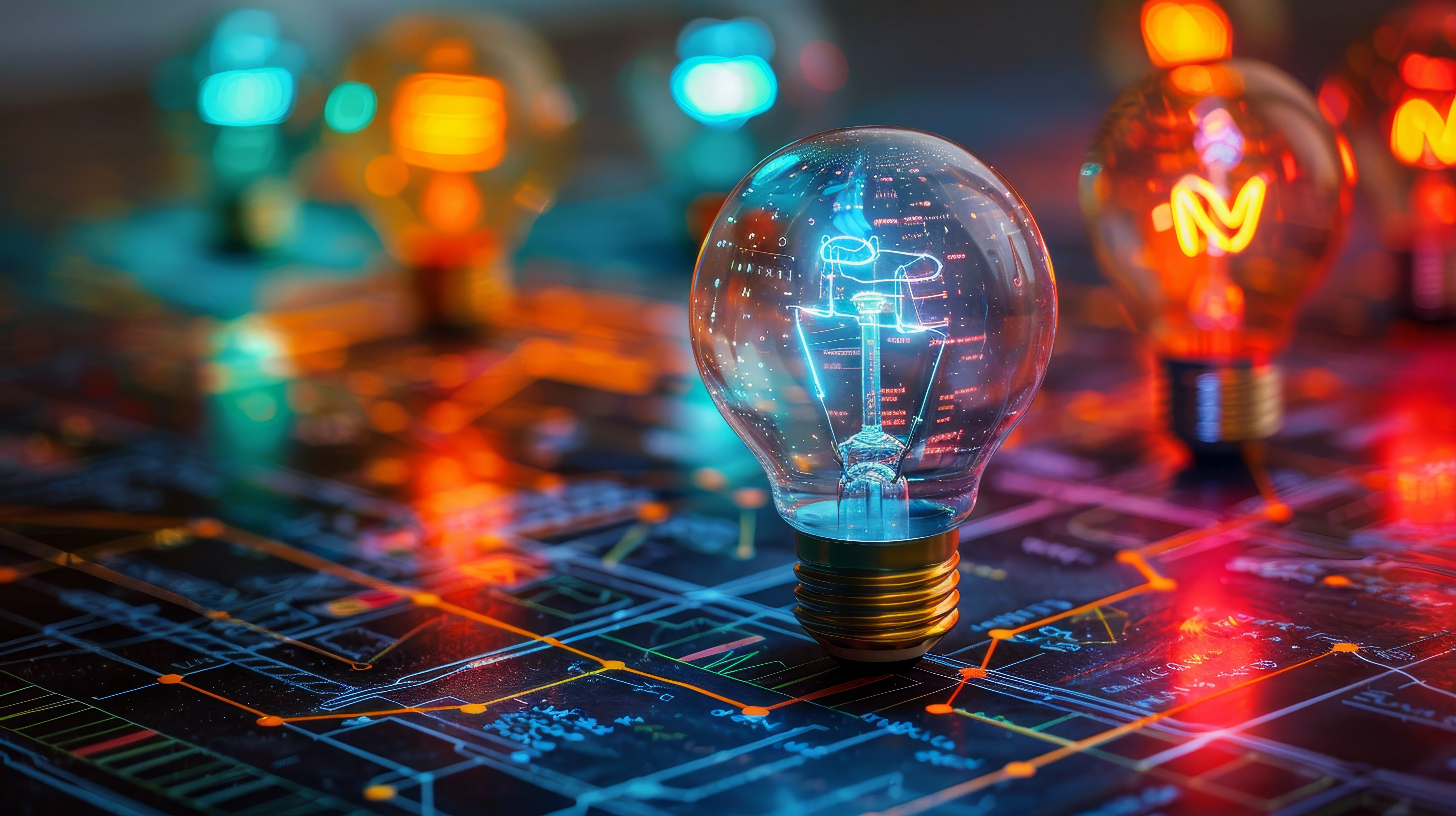 Colorful lightbulbs symbolizing creative ideas in web development workflow