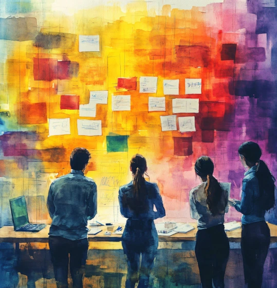 Team reviewing vision board representing content repurposing strategy