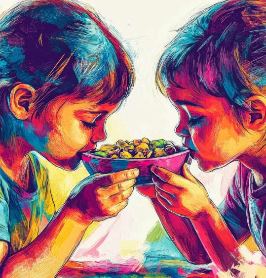 Two kids sharing cereal symbolizing content sharing and community