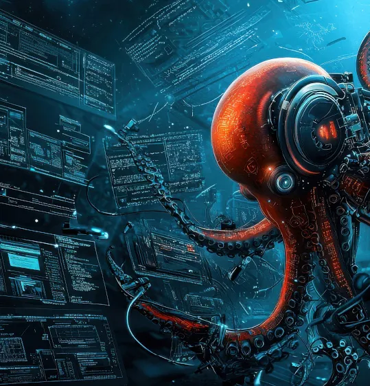 Octopus handling computer symbolizing multitasking in email analytics