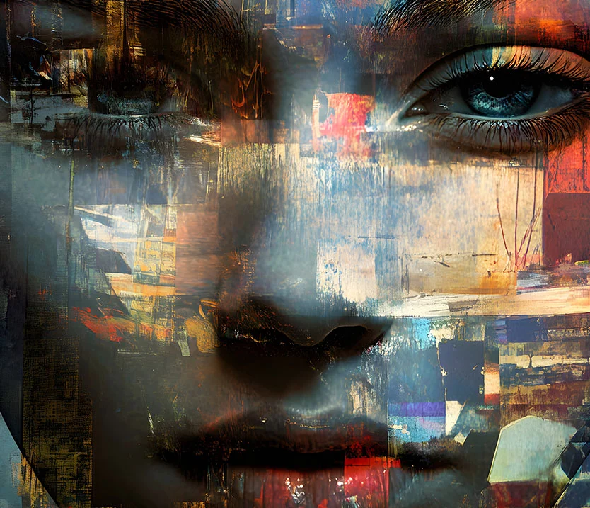 Female portrait built from graphic elements in collage style