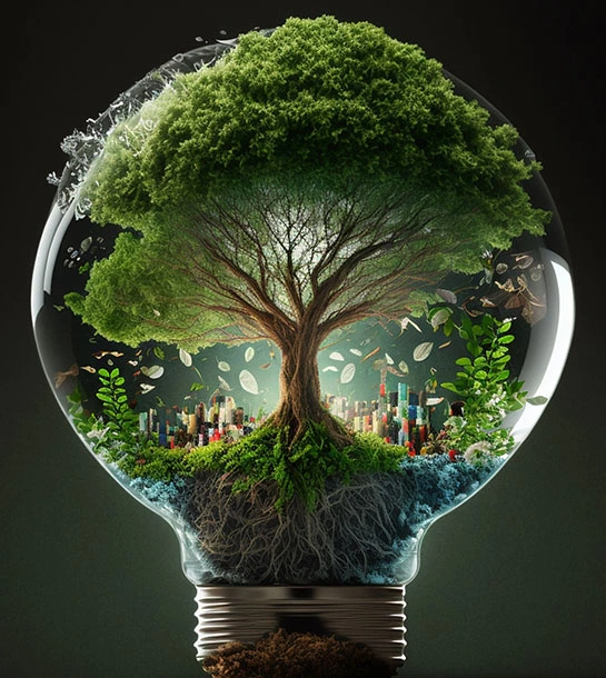 Nature and city ecosystem in light bulb symbolizing effective graphic design
