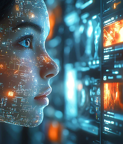 Young person using computer with intuitive expression