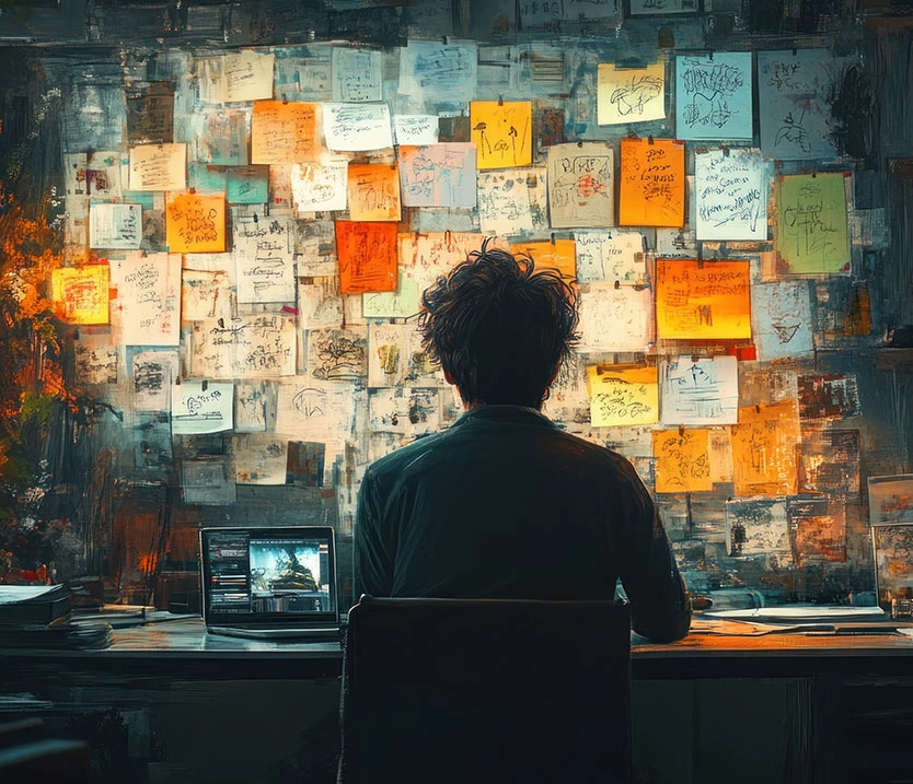 Man working at computer looking at sticky notes on moodboard