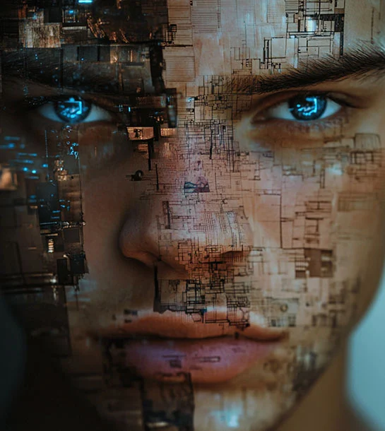 Man with digital face cutout illustrating virtual identity