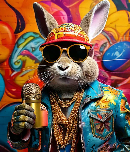 Bunny covered in merchandise symbolizing branded visual overload