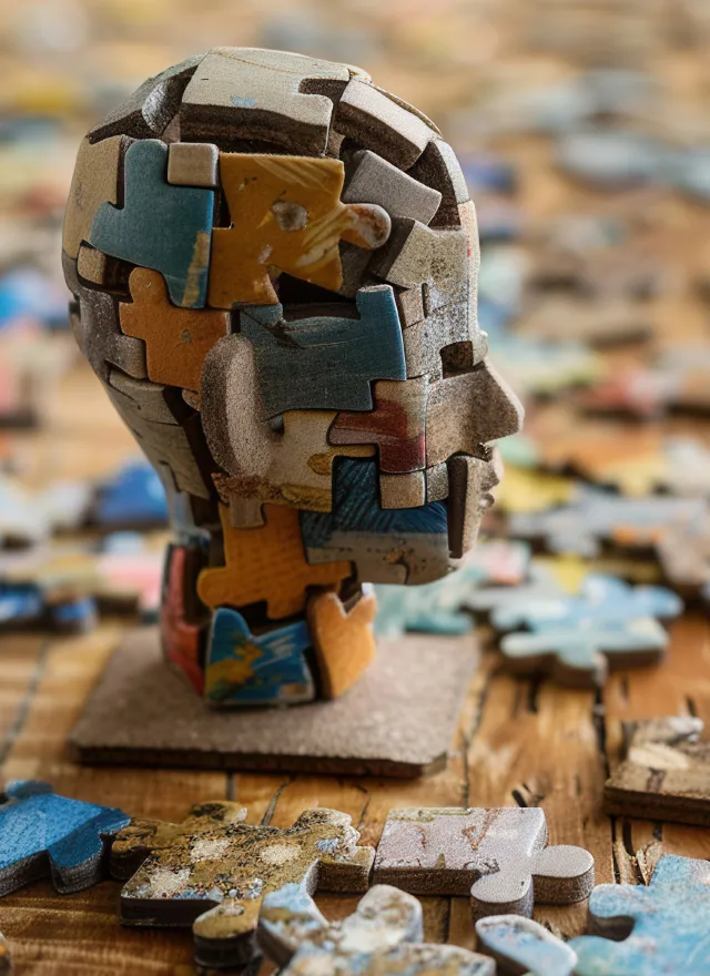 Head made of puzzle pieces symbolizing creative PPC optimization and strategy building