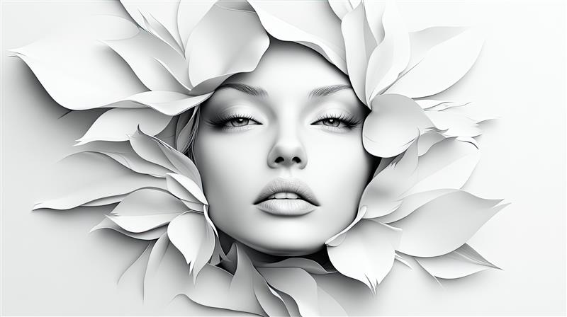 Monochrome white portrait of a woman’s face partially covered in leaves, symbolizing quiet strength and creative strategy