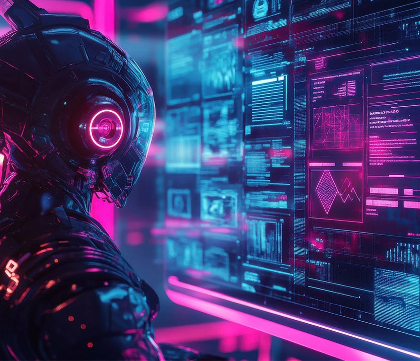 Robot coding at desk symbolizing smart web design