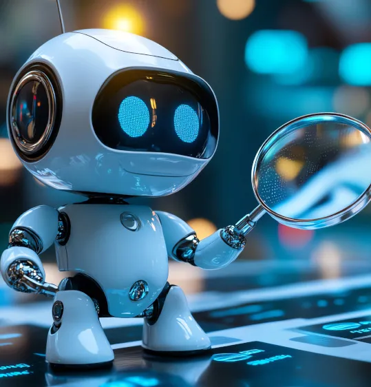 Robot with magnifying glass inspecting blocked pages in SEO