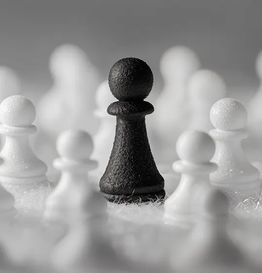 Chessboard with all white pieces and one black symbolizing audience targeting