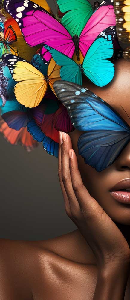 Left half of a woman with butterflies in motion reflecting strategic brand growth with our help