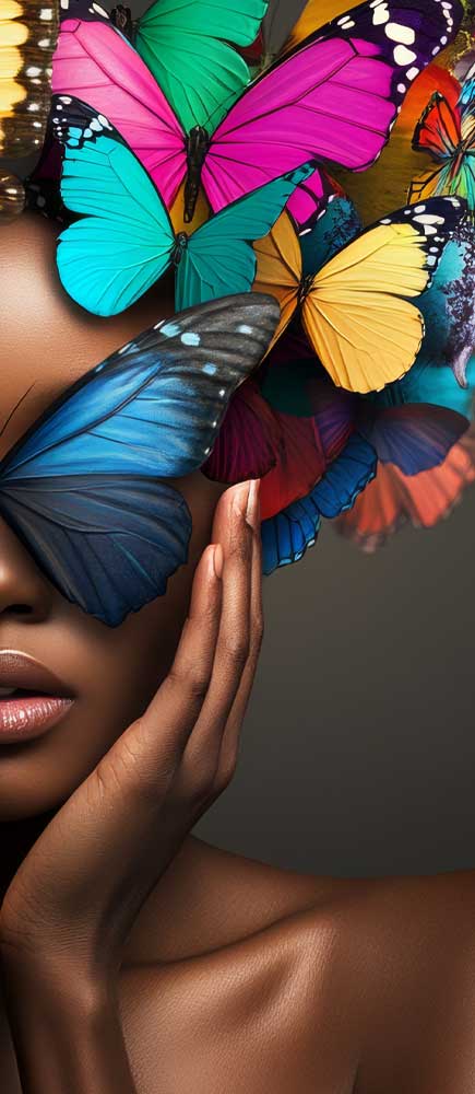 Right half of a woman with butterflies in motion reflecting strategic brand growth with our help