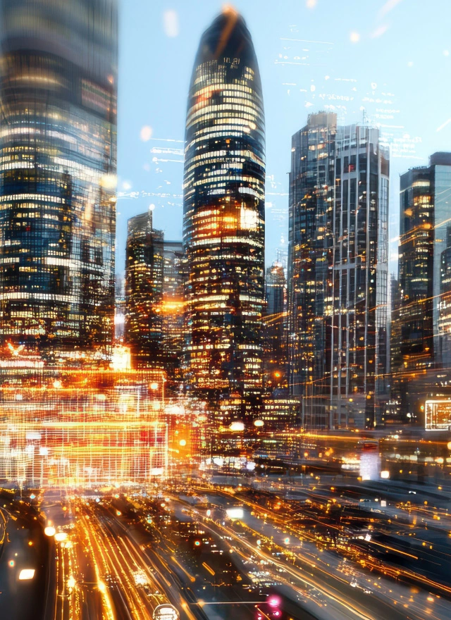 Urban grid with digital overlays illustrating CRO and system optimization