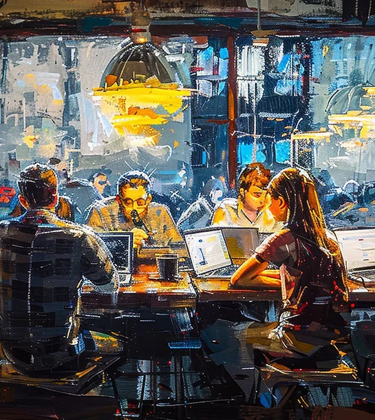 Web development team collaborating in modern workspace with digital tools